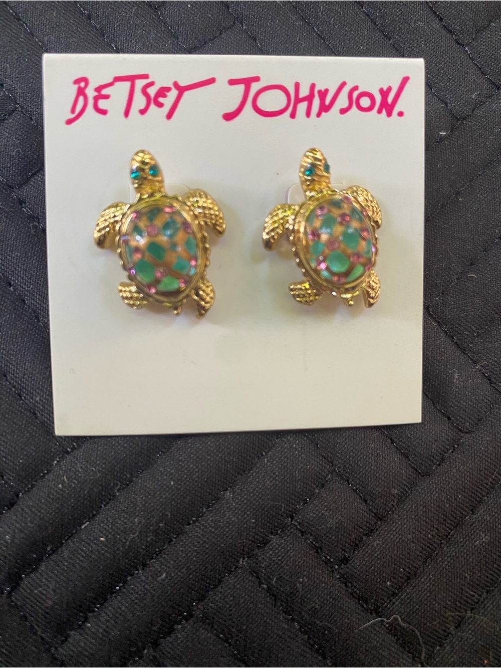 Betsey Johnson Gold Turtle Stud Earrings with Green and Pink Enamel